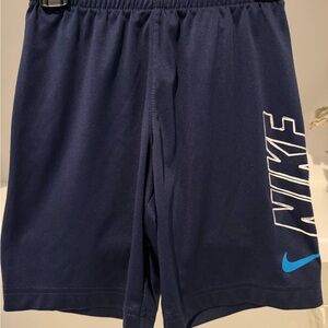 Nike Navy Athletic Shorts with White NIKE Script and Blue Swoosh